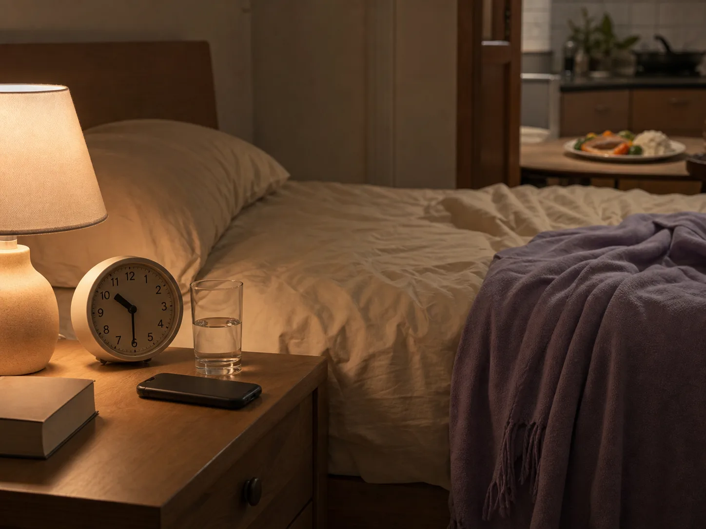 Warmly lit bedroom with a made bed, bedside clock, water glass, face-down phone, and a simple dinner plate in the adjoining kitchen
