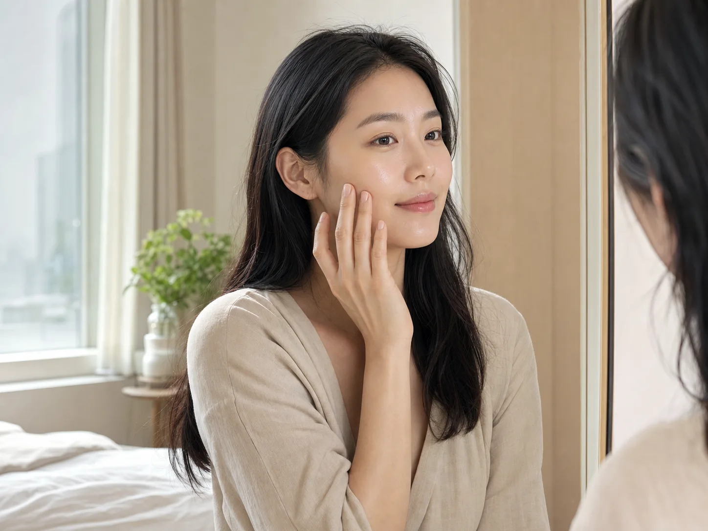 Woman reviewing a weekly planner with a Rejuran treatment appointment and two-day downtime note at home