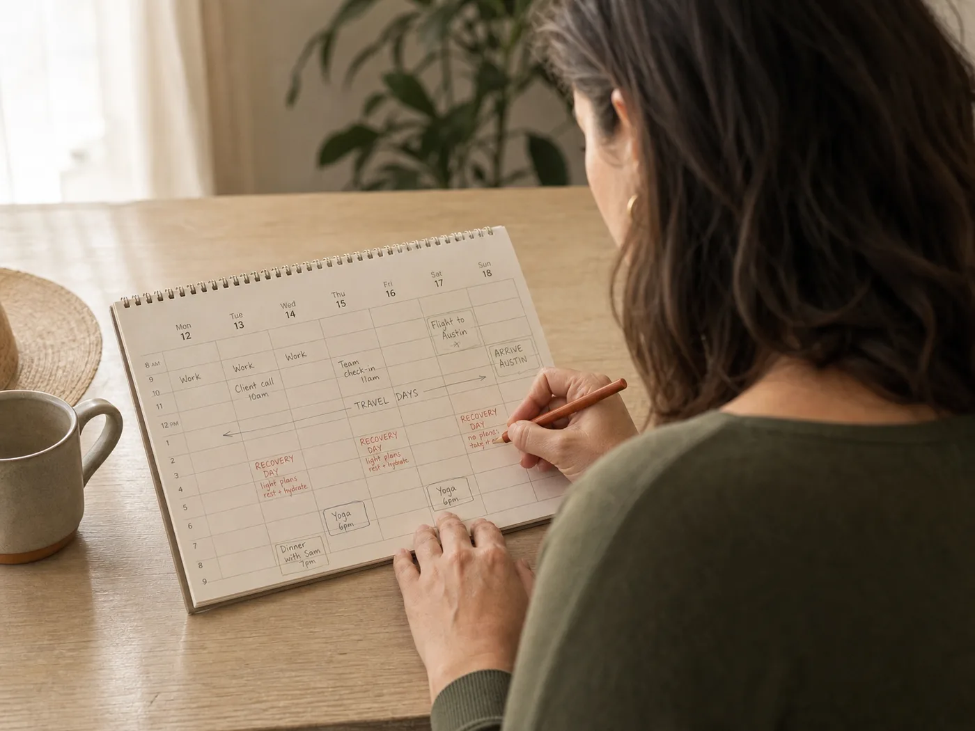 Woman marking recovery days on a weekly calendar at her home dining table