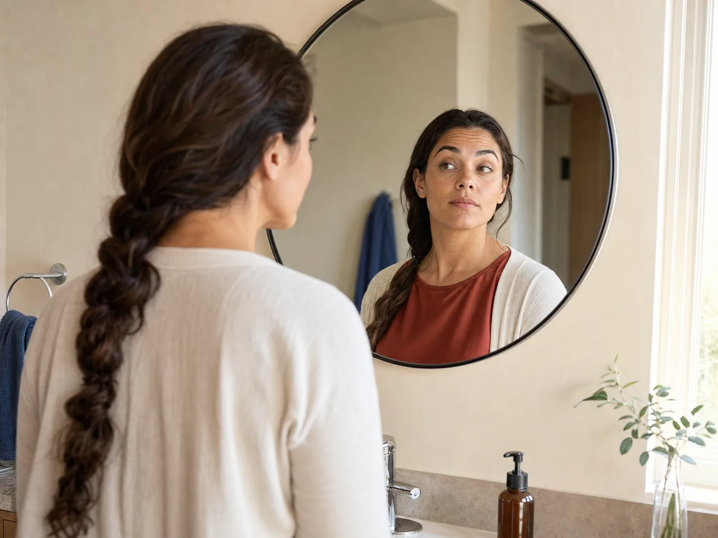 Woman checking her natural brow movement in a round bathroom mirror at home