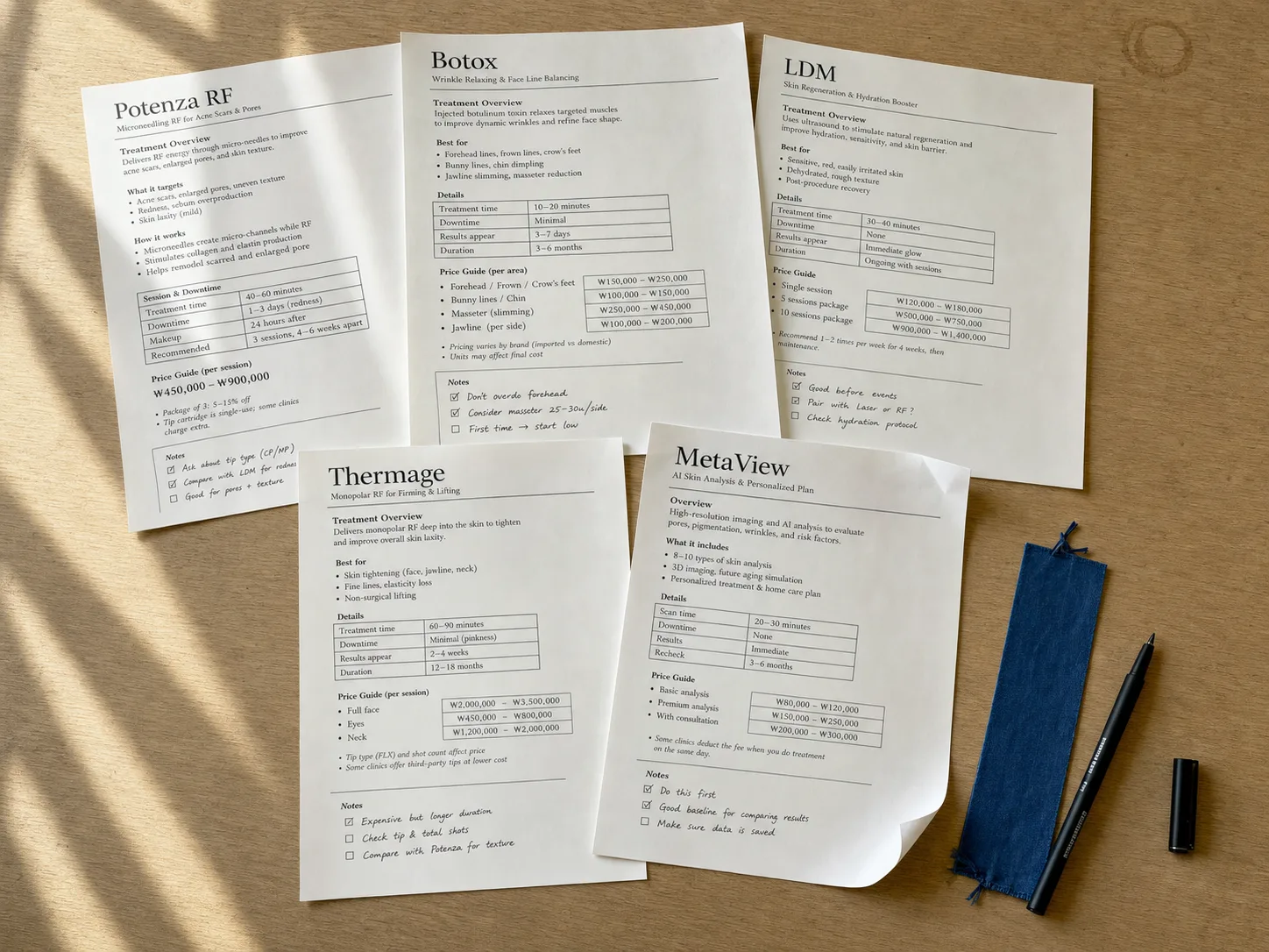 Five printed treatment research sheets for Potenza RF, Botox, LDM, Thermage, and MetaView spread across a wooden table
