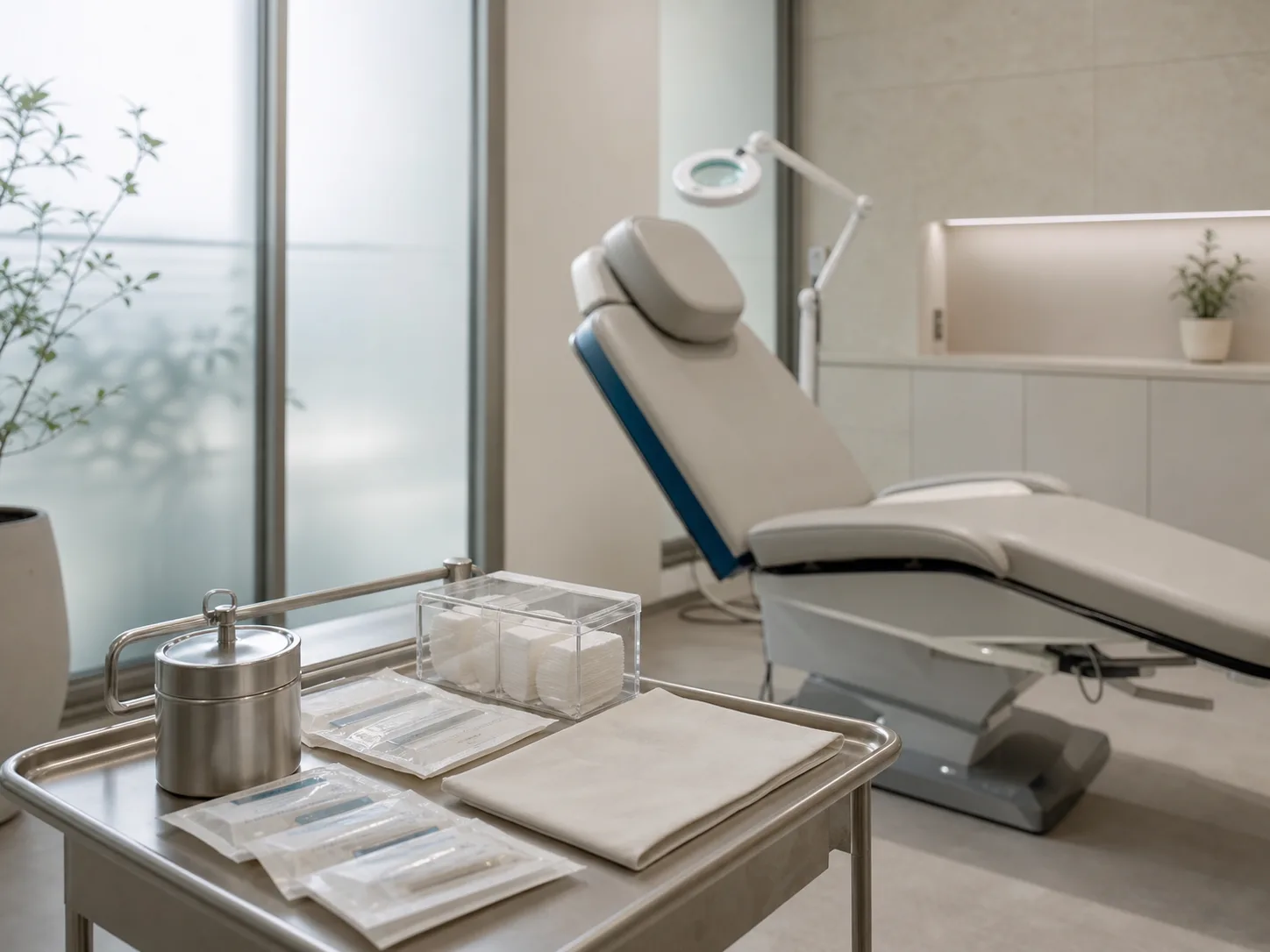 Prepared Korean dermatology exam room with a clean treatment chair and sealed single-use supplies.