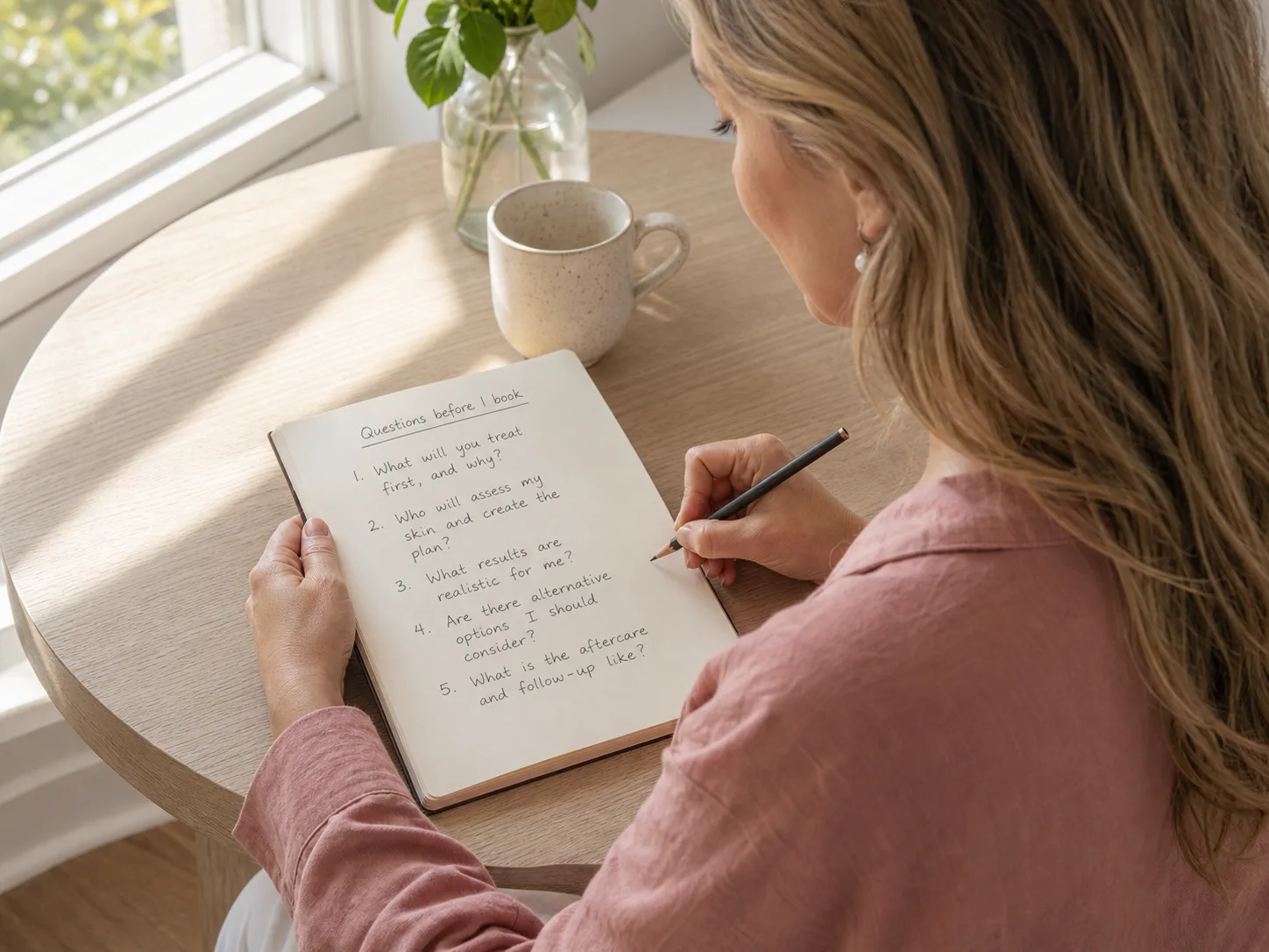 Over-the-shoulder view of a woman writing clinic assessment, aftercare, and follow-up questions in a notebook at home.