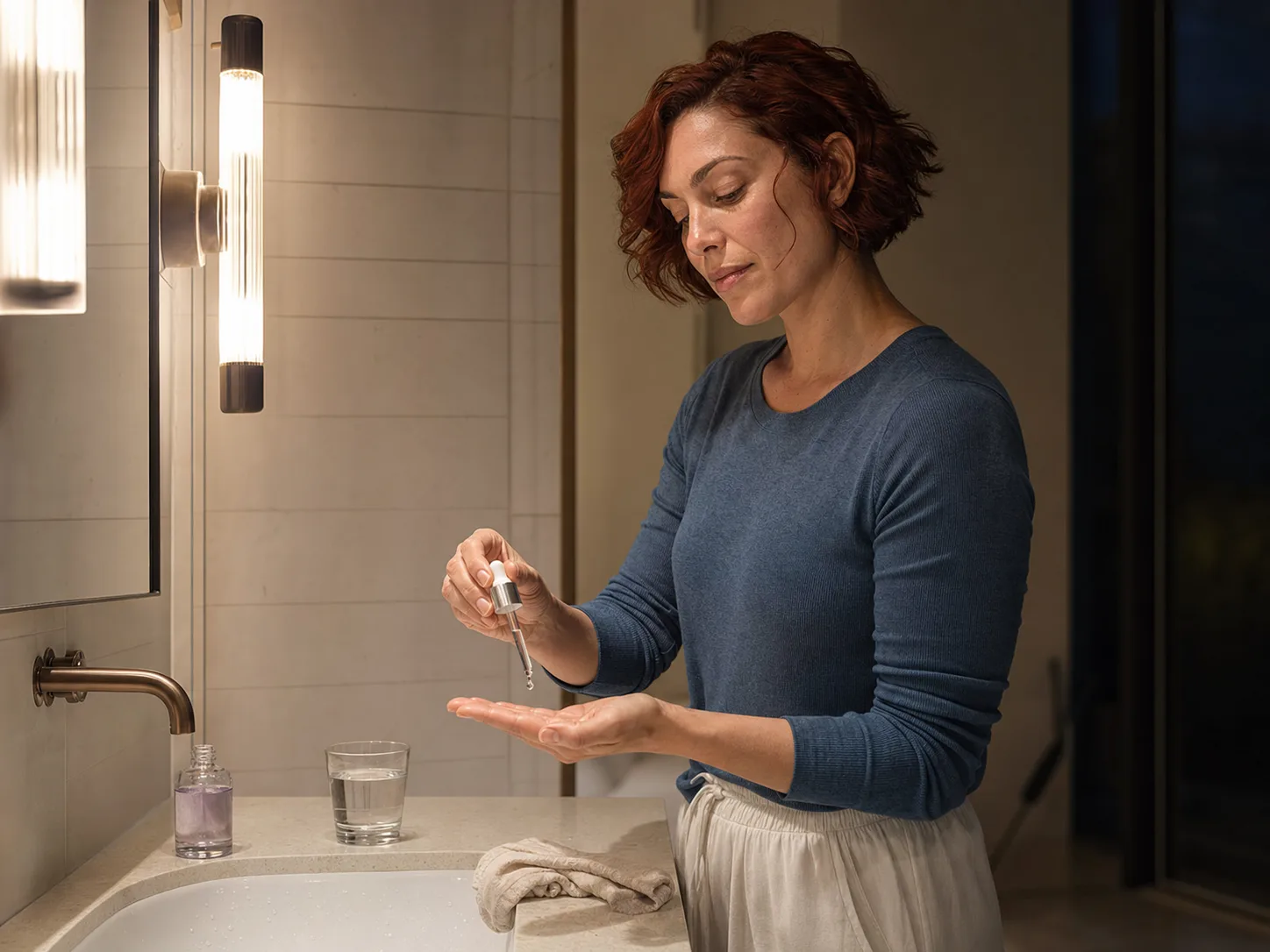 Woman dispensing soothing serum into her palm beside a home bathroom sink at night