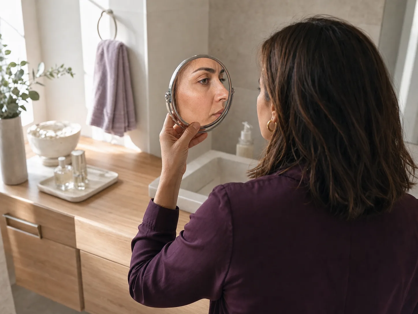 Woman using a handheld mirror at a home vanity to assess the skin around her eyes