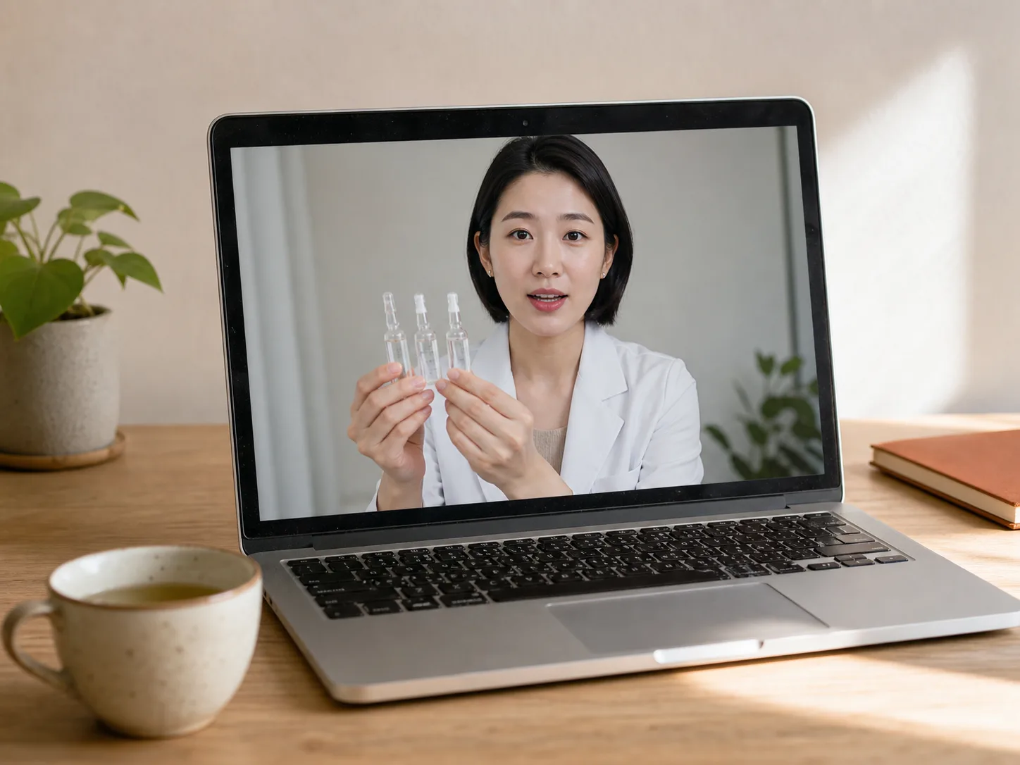 Remote dermatologist on a laptop holding three unlabelled ampoules during a home video consultation