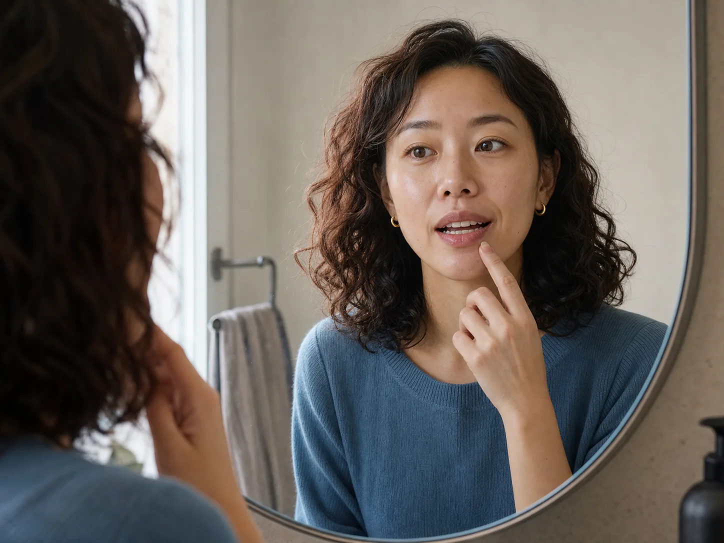 Woman speaks softly to her reflection in a wall mirror at home while checking her natural facial movement