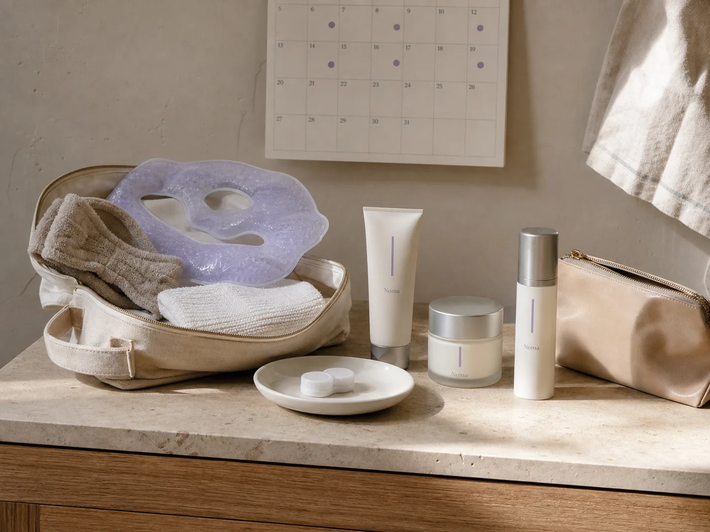 Recovery pouch, cooling mask, skincare products and calendar arranged on a home bathroom counter