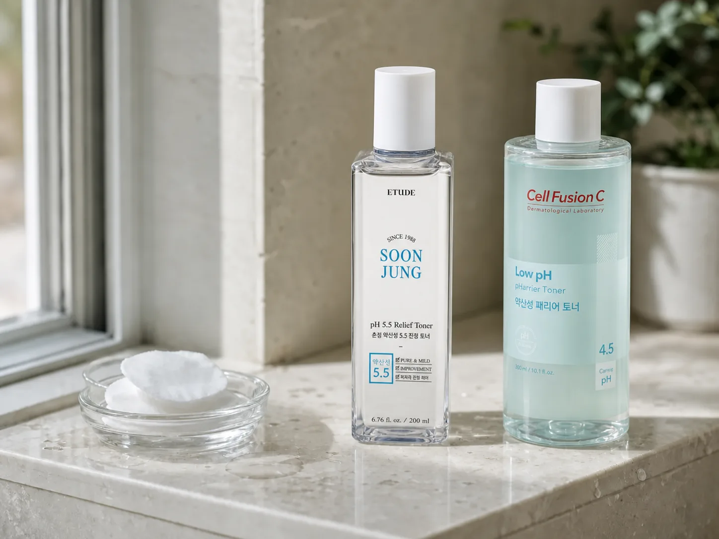 Etude House Mild Acidic Toner and Cell Fusion C Mild Acidic Pore Toner beside damp cotton pads on a home bathroom counter.