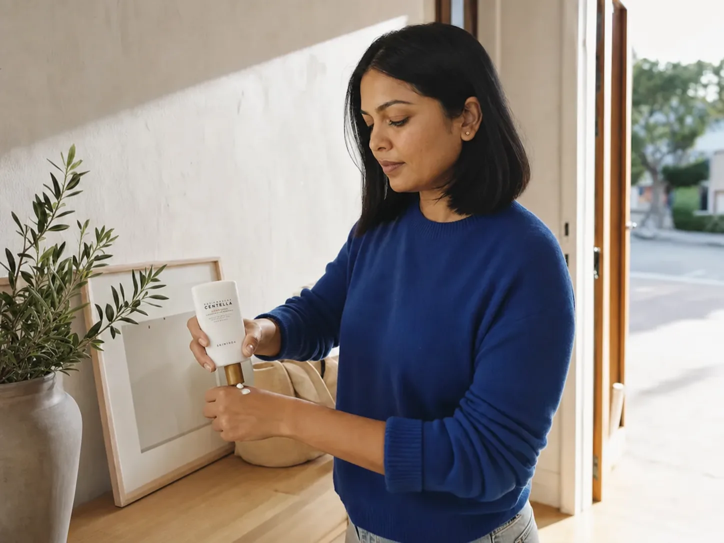 South Asian woman applying SKIN1004 Centella sunscreen to the back of her hand by a sunlit home doorway.