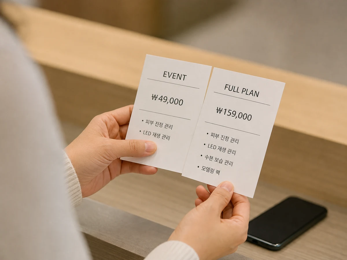 Close-up of a visitor's hands comparing two short printed clinic option cards before deciding.