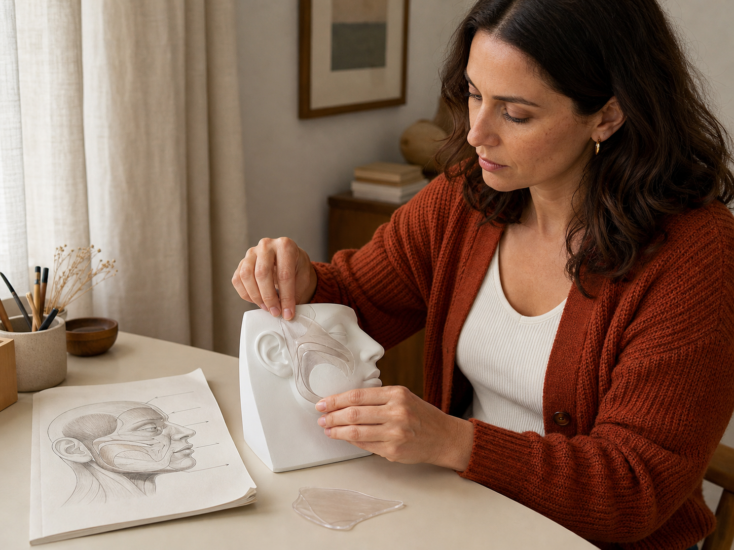 Woman uses a facial profile model to consider deep structural support before surface volume.