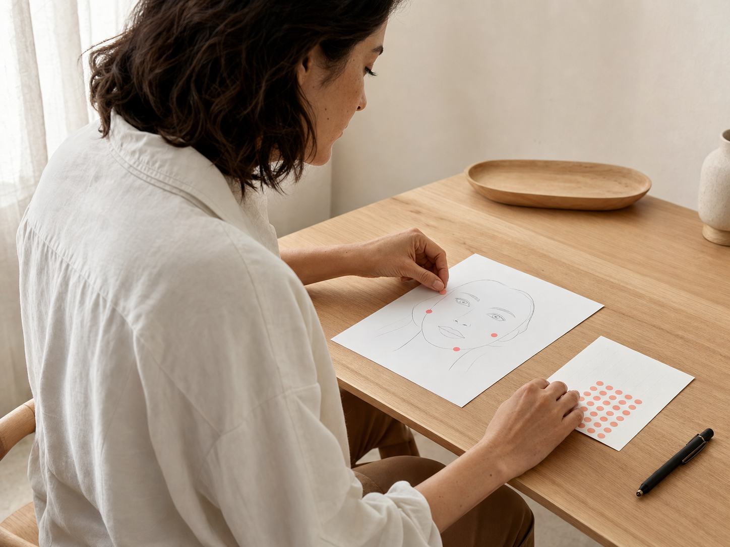 Woman placing only a few dots on a facial contour study at her home desk.