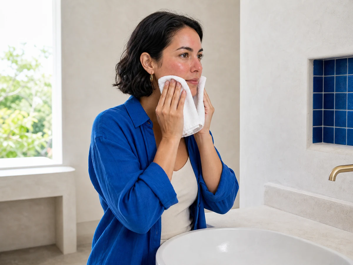 Clinic guest alone at a bathroom sink gently pressing a soft towel to the face, with mild redness visible.