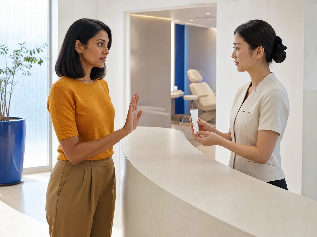 A visitor considering which clinic extras may change the final treatment price.