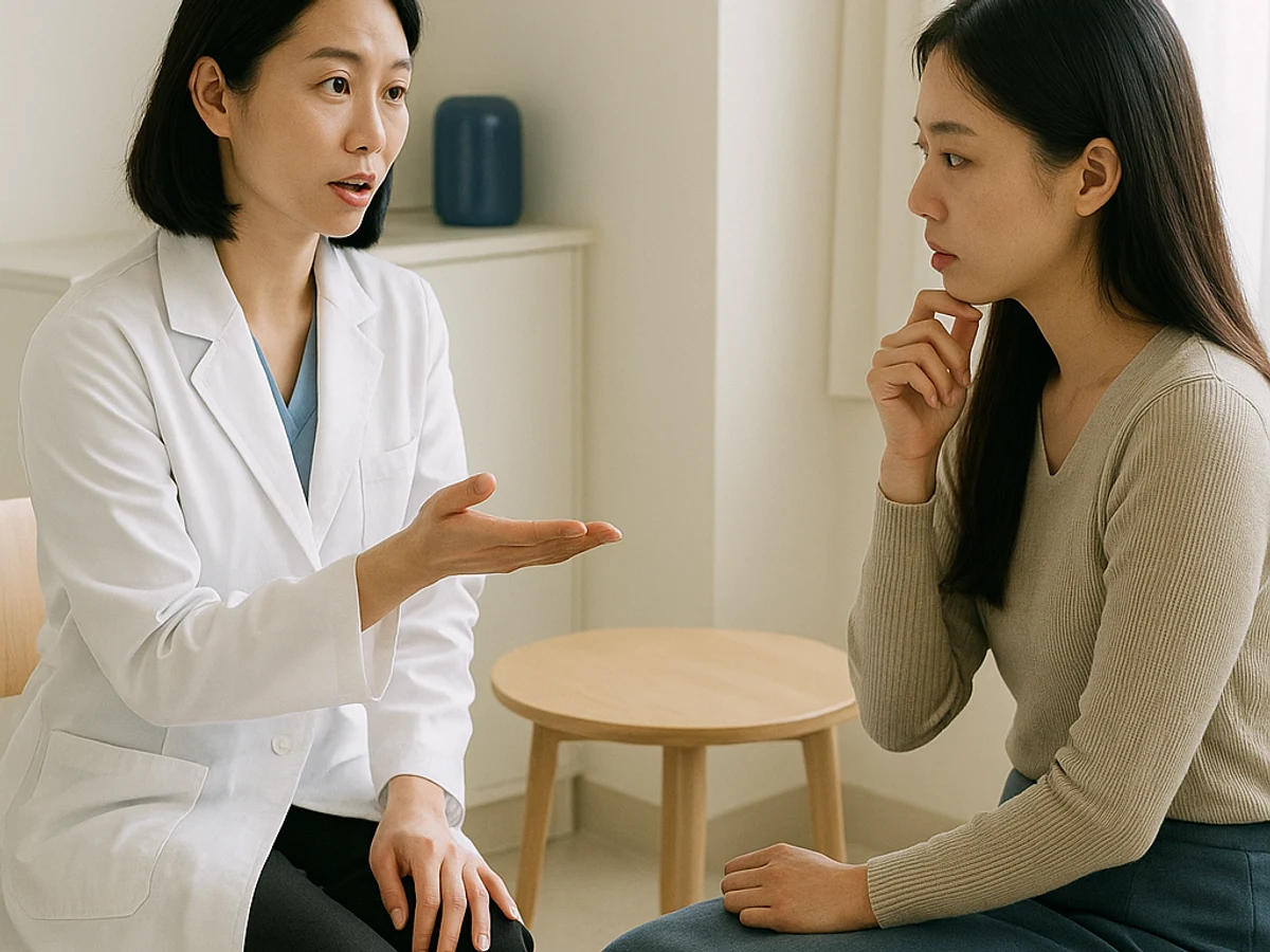 Korean dermatologist explaining a treatment recommendation to a visitor in person