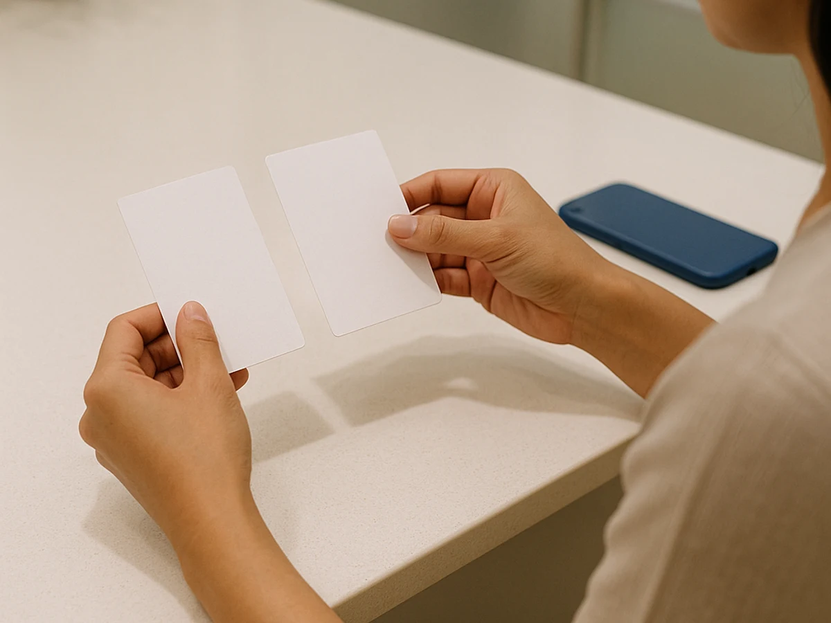 Close-up of a visitor comparing treatment option cards before agreeing to a Korean clinic plan.
