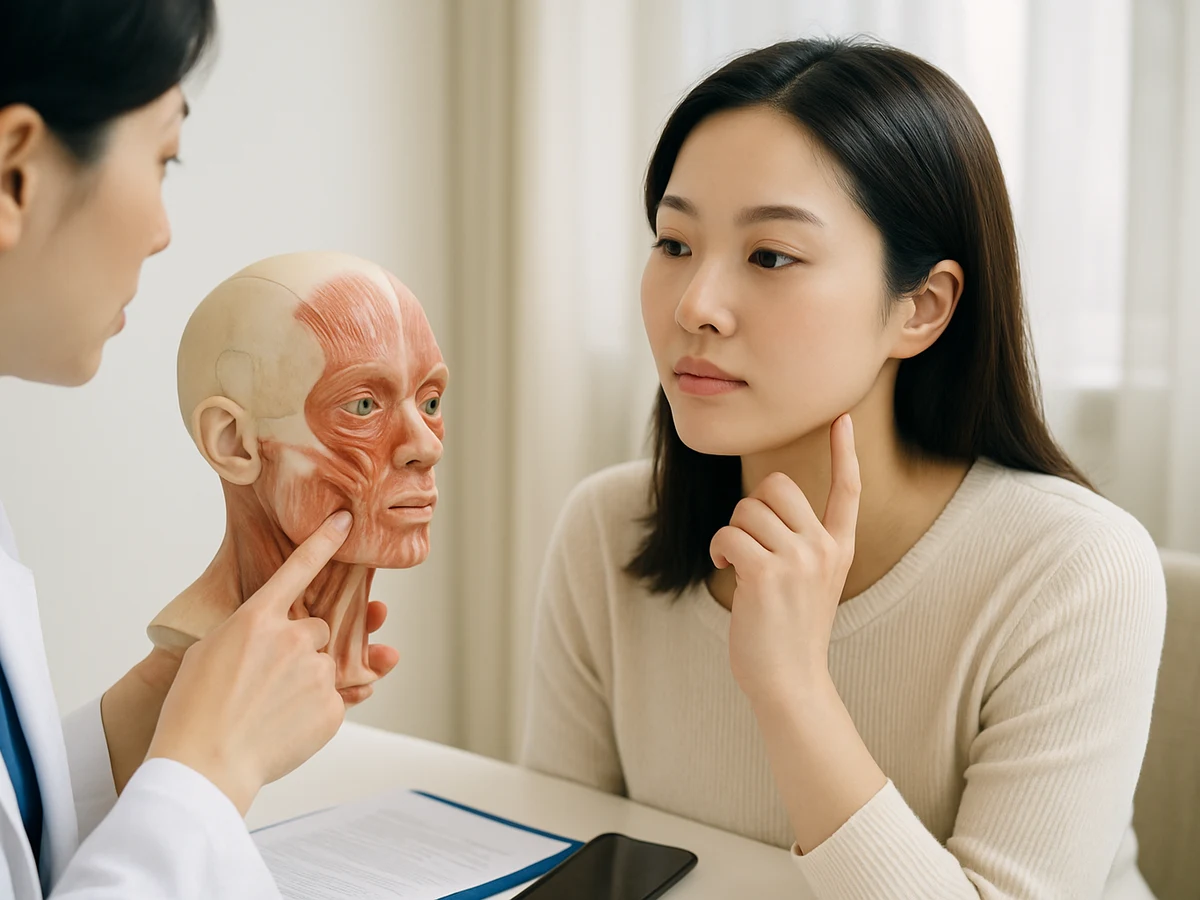 Clinician points to the jawline area on a facial anatomy model beside a visitor considering jaw contouring.