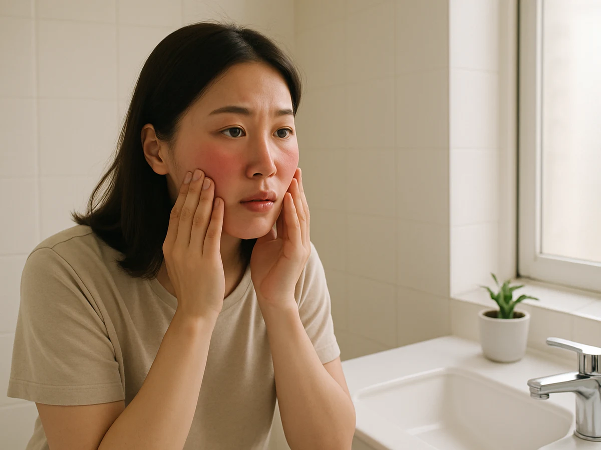 A visitor leaning toward the sink in a bright, tidy clinic restroom, gently pressing her cheeks with her fingertips to check the redness up close.