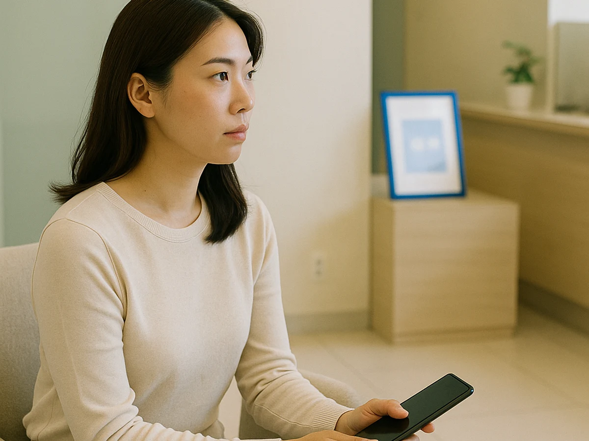 Visitor preparing a clear question at a quiet Korean skin clinic waiting area.