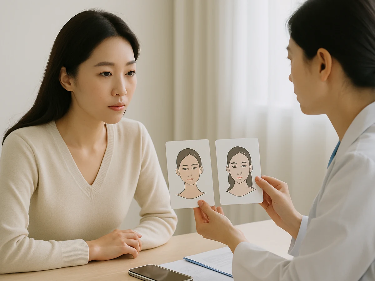 Clinician shows a visitor two illustrated facial outcome cards comparing lift options.