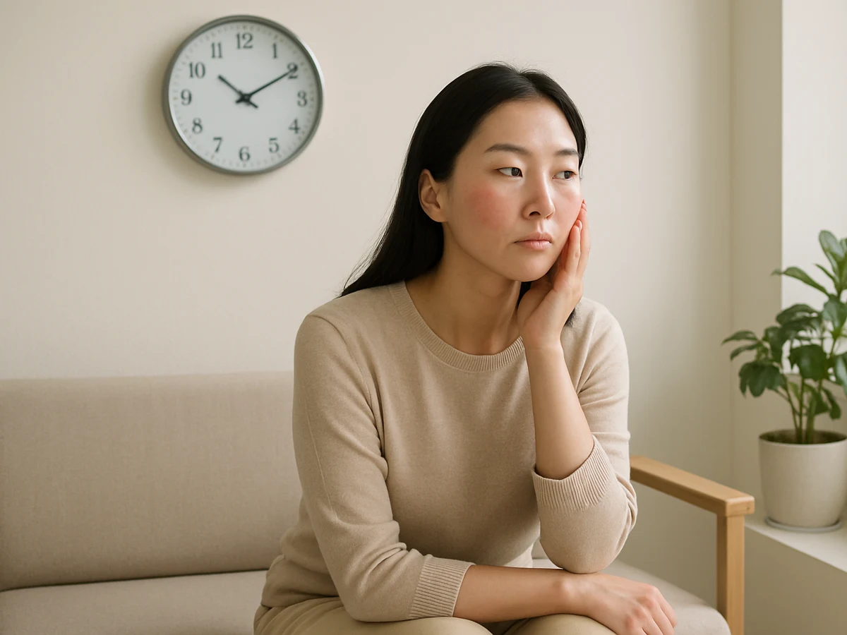 A visitor sits quietly in a waiting area, gently tracing her cheek with her hand, eyes on a wall clock. The open space emphasizes waiting to see when redness will fade.