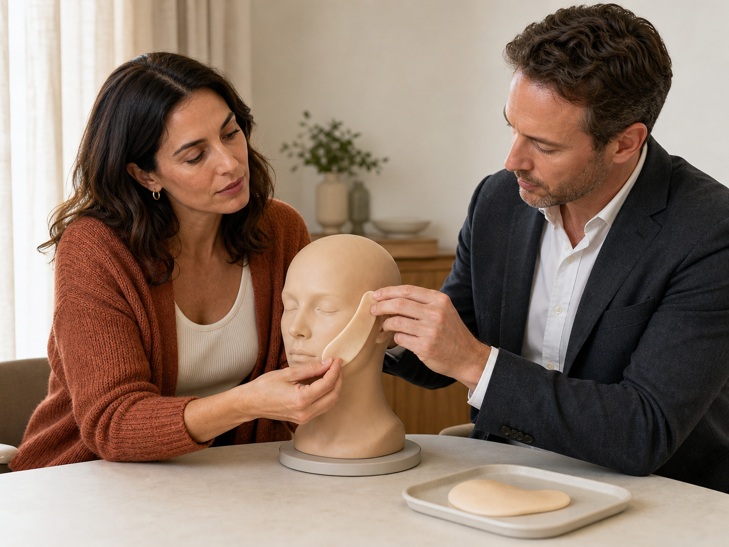 Woman and clinician position an upward cheek-support layer on a silicone face model beside a separate volume layer.