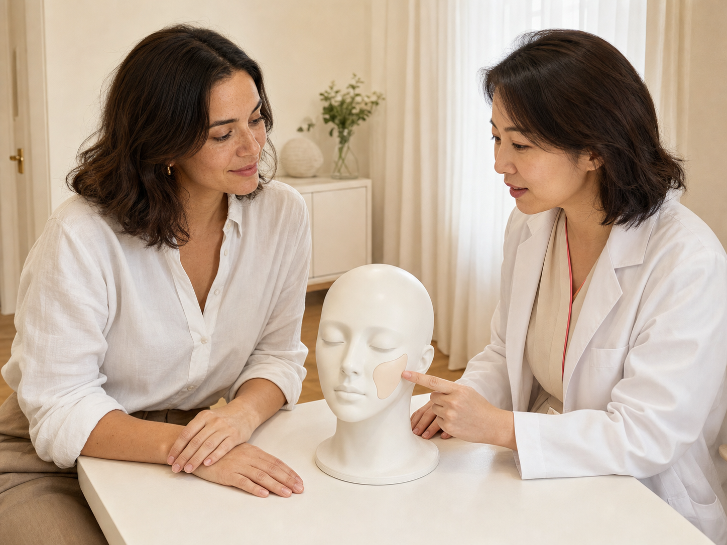 Woman and aesthetics clinician discuss a facial contour model with a subtle cheek-support layer.