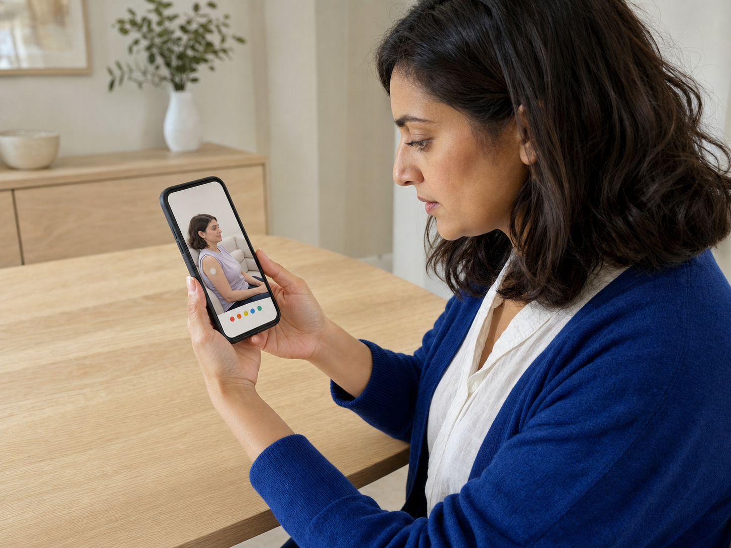 Woman at home checking a patient recovery photo and rating dots on her phone before booking a clinic.