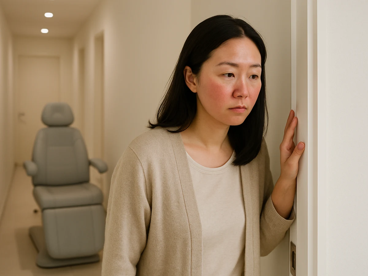 A visitor stands just outside a clinic treatment room, preparing to re-enter, pausing with one hand raised slightly and an encouraging but uncertain posture.