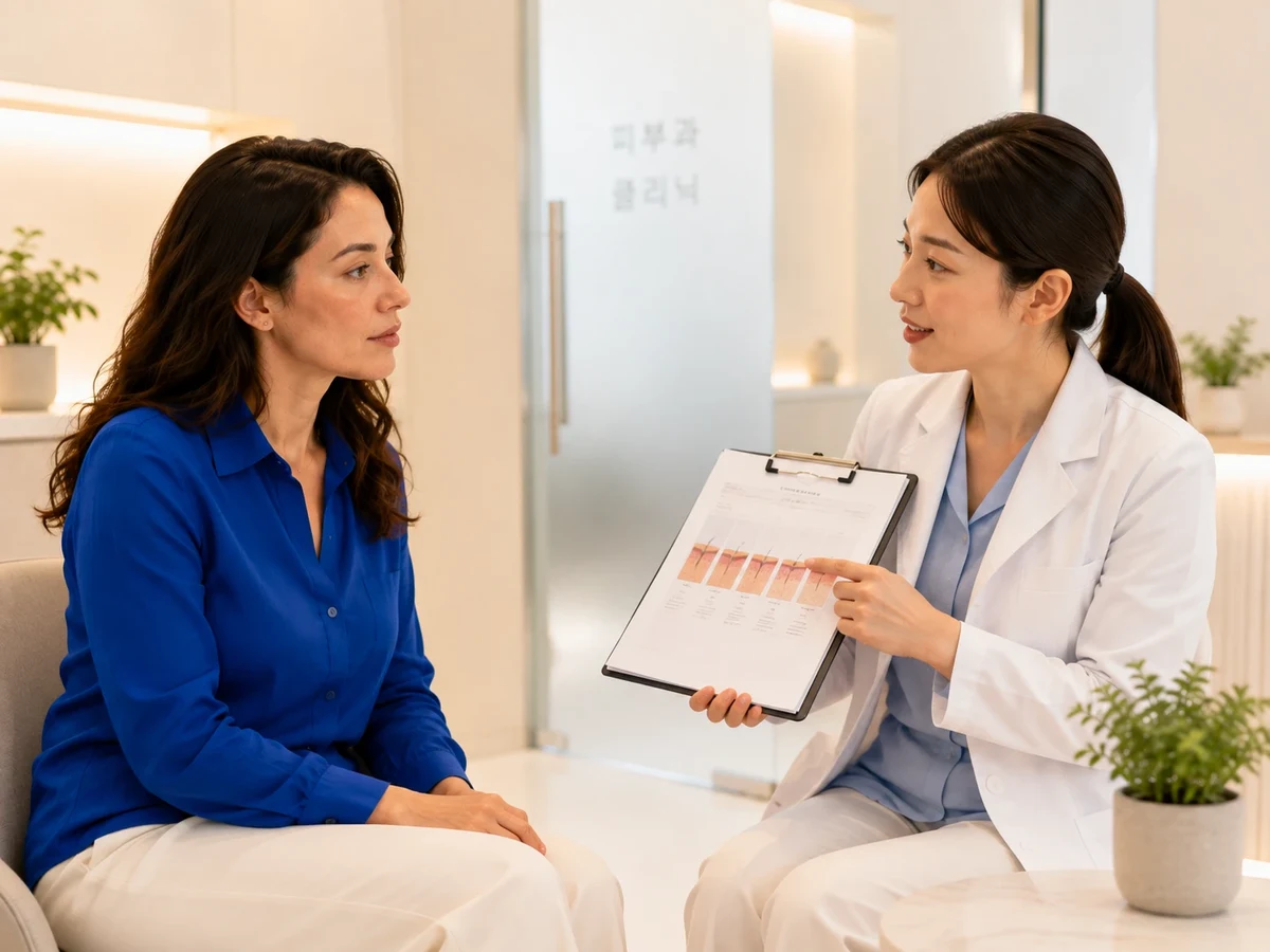 A visitor alone in a consultation room, studying her own cheek in the mirror, gently touching her skin as if checking for redness after a previous session.